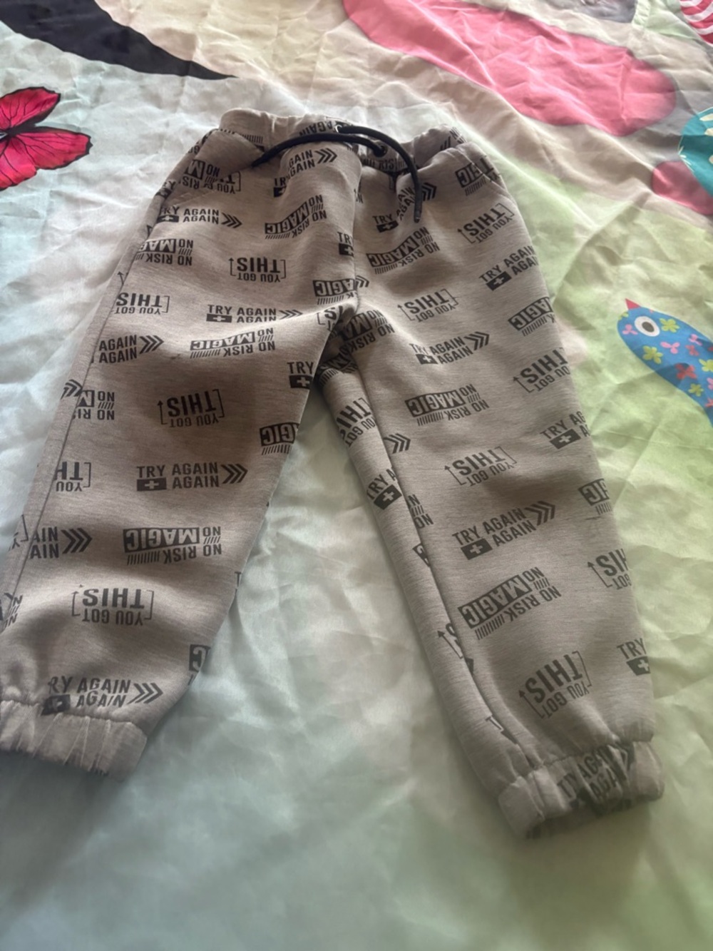 Kids Neutral Beige Graphic Joggers with Drawstring